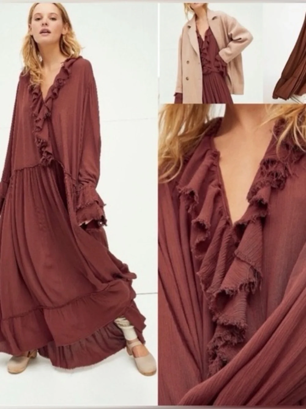 Free people Sweet Darlin Maxi Boho Cottagecore Long Sleeve Flowy Dress SZ M - Picture 2 of 7
